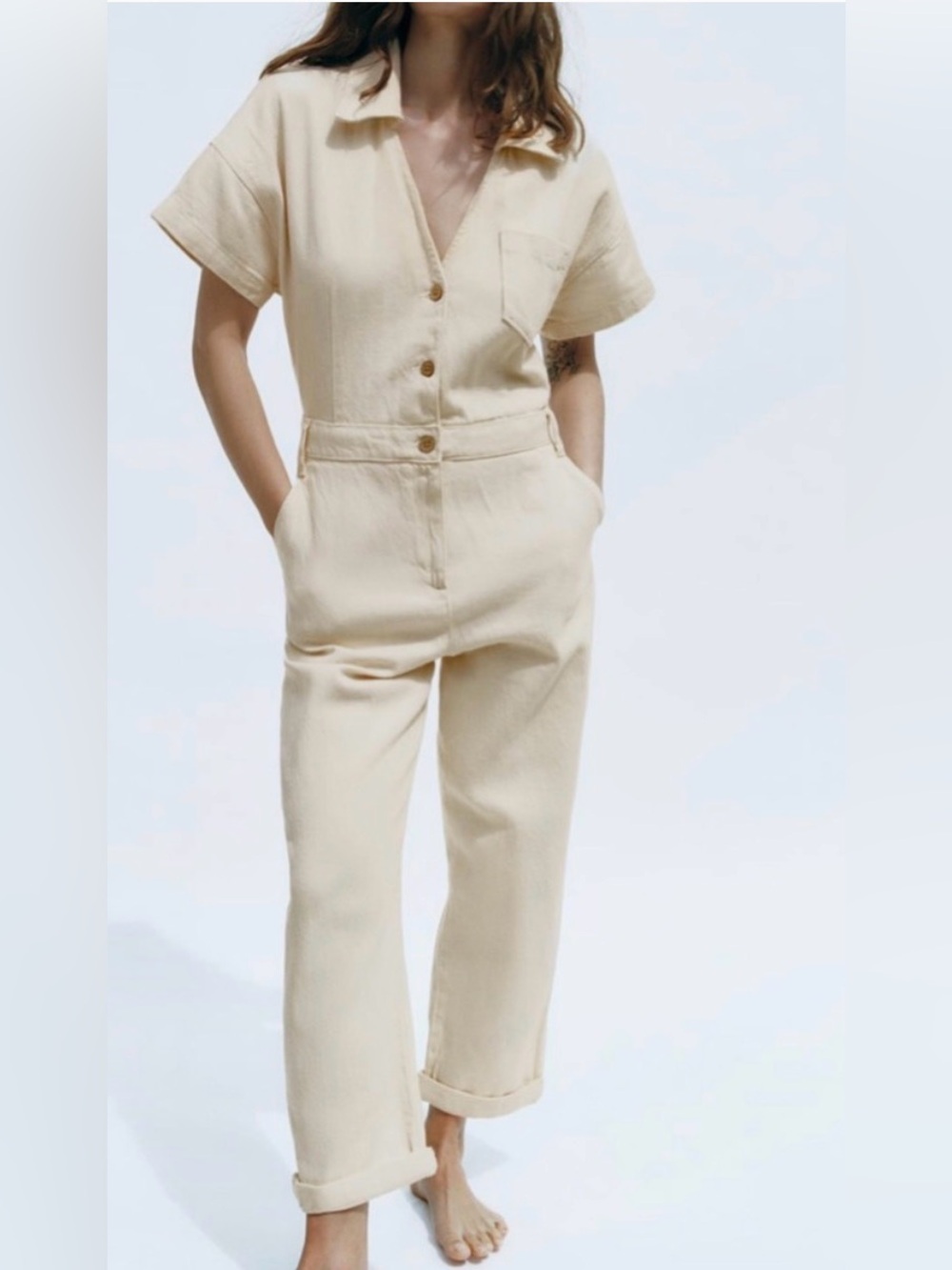 NWT Women’s Size Medium Zara Cream Short-Sleeve Utility Jumpsuit